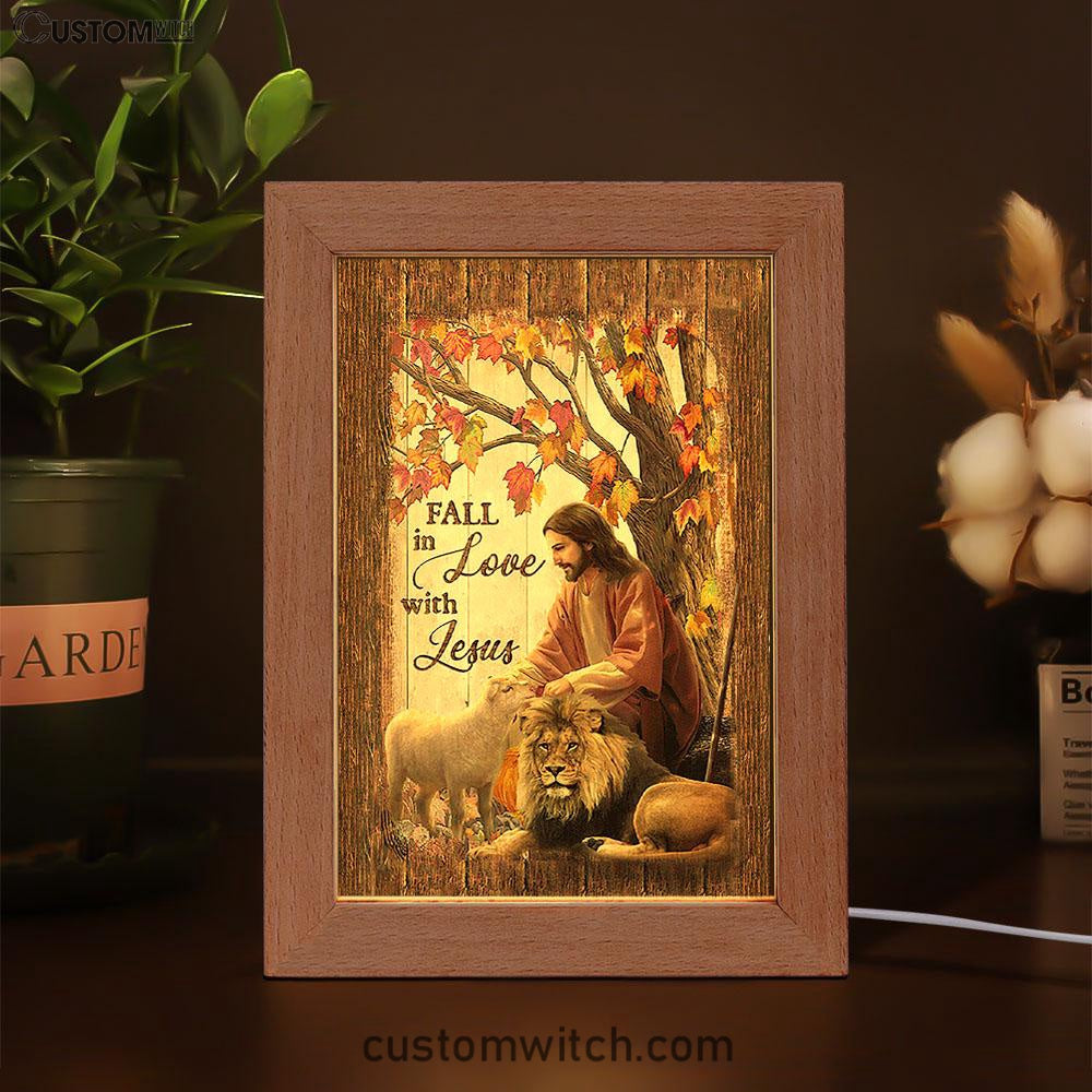 Fall In Love With Jesus Frame Lamp - Jesus Lion Of Judah White Lamb Frame Lamp - Christian Art - Religious Home Decor