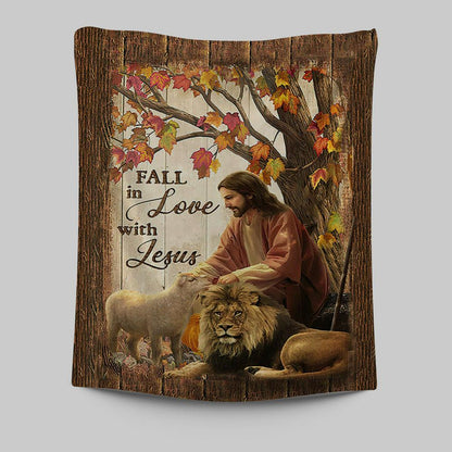 Fall In Love With Jesus Tapestry - Jesus Lion Of Judah White Lamb Tapestry - Christian Wall Art - Religious Home Decor