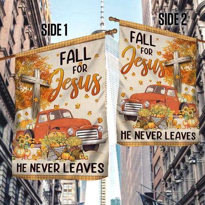 Fall Truck With Pumpkins Fall For Jesus He Never Leaves Halloween Flag, Christian Flag, Scripture Flag, Garden Banner