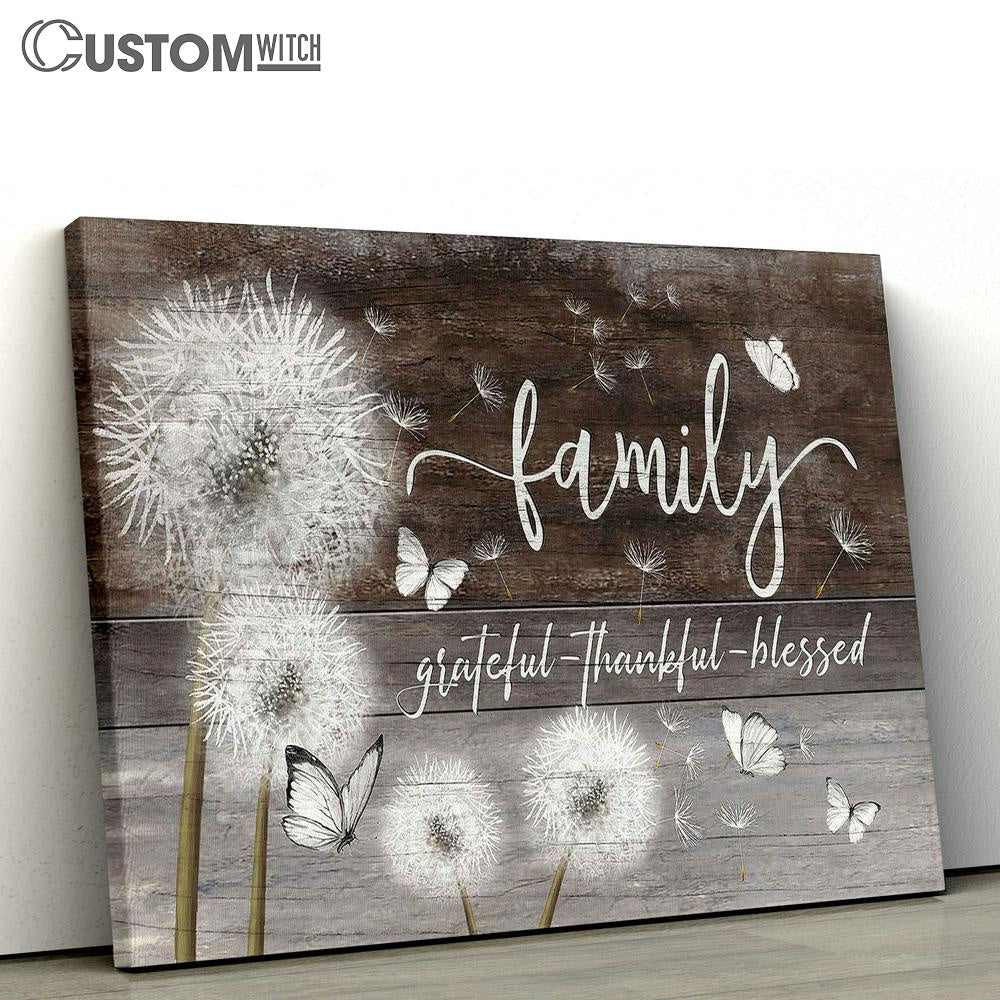Family Grateful Thankful Blessed Dandelion Butterfly Canvas Wall Art - Bible Verse Canvas - Religious Prints