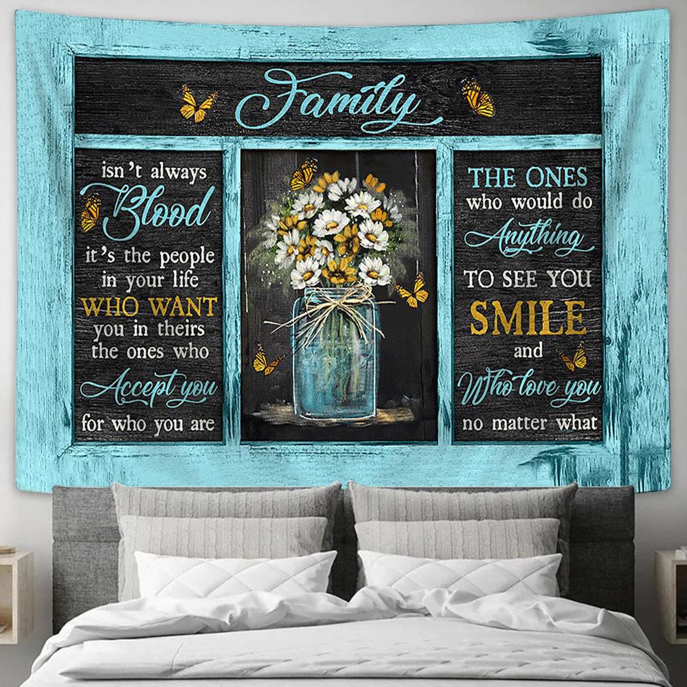 Family Isn't Always Blood Flower Yellow Butterfly Large Tapestry - Christian Wall Art - Bible Verse Tapestry Art