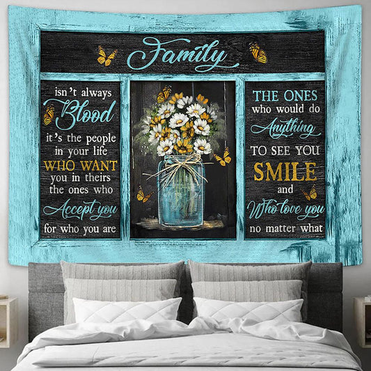 Family Isn't Always Blood Flower Yellow Butterfly Large Tapestry - Christian Wall Art - Bible Verse Tapestry Art