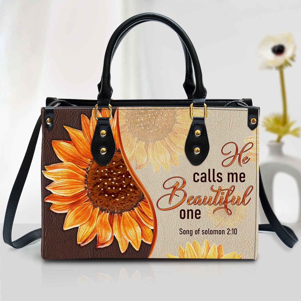 Fancy Sunflower Leather Bag, He Calls Me Beautiful One, Christian Pu Leather Bags For Women