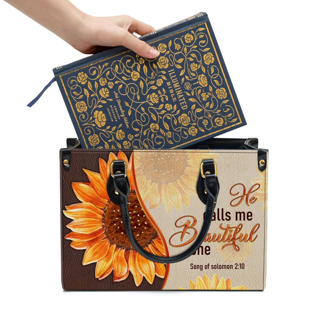 Fancy Sunflower Leather Bag, He Calls Me Beautiful One, Christian Pu Leather Bags For Women