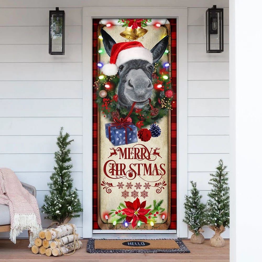 Farm Cattle Donkey Merry Christmas Door Cover, Gift For Famer, Christmas Door Knob Covers, Christmas Outdoor Decoration