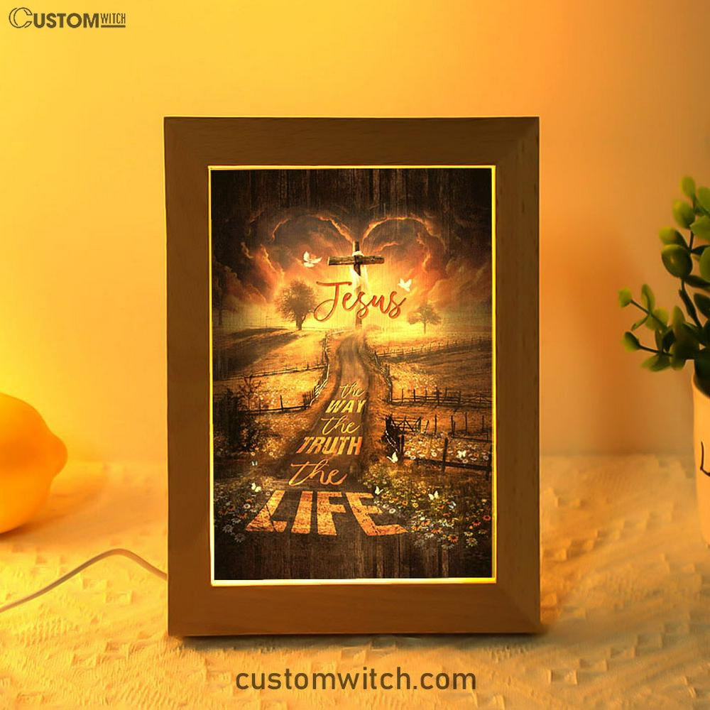 Farm Pretty Sunset Daisy Field - The Way The Truth The Life Frame Lamp Art - Christian Night Light - Bible Verse Wooden Lamp