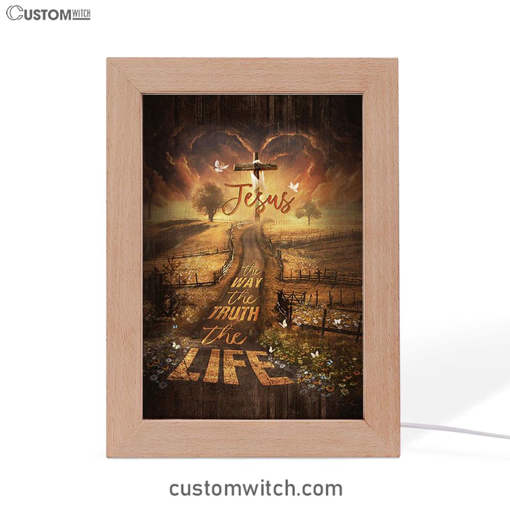 Farm Pretty Sunset Daisy Field - The Way The Truth The Life Frame Lamp Art - Christian Night Light - Bible Verse Wooden Lamp