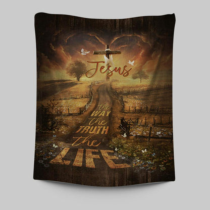 Farm Pretty Sunset Daisy Field - The Way The Truth The Life Tapestry Wall Art - Christian Tapestries Prints - Bible Verse Tapestry Art