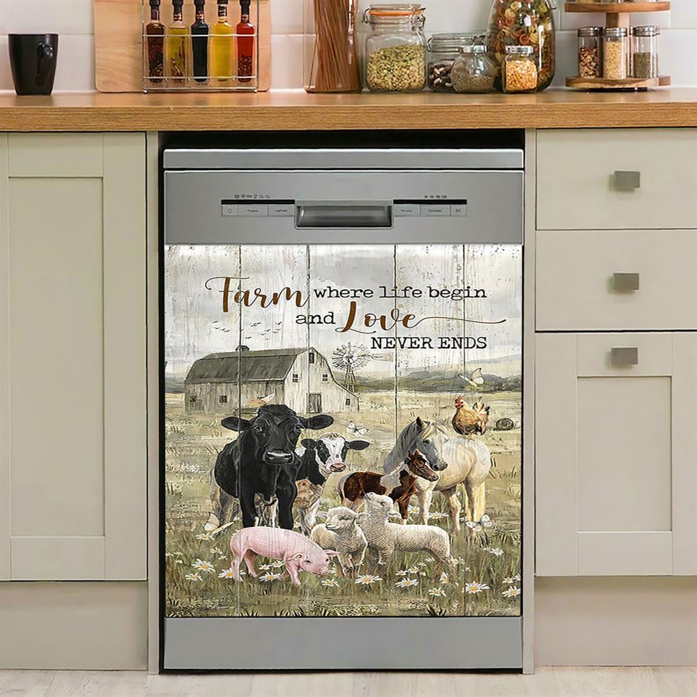 Farm Where Life Begin And Love Never Ends Cow Animal Of God Dishwasher Cover, Christian Dishwasher Magnet Cover, Religious Home Decor