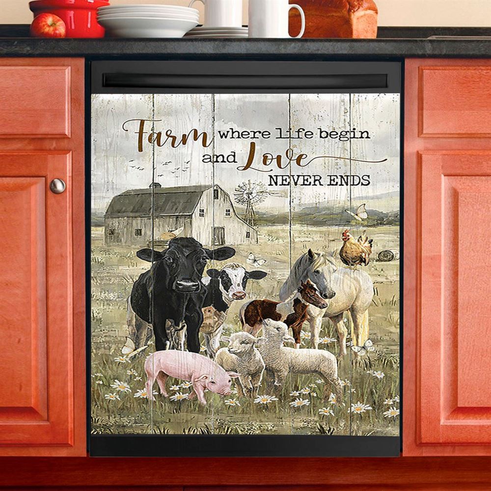 Farm Where Life Begin And Love Never Ends Cow Animal Of God Dishwasher Cover, Christian Dishwasher Magnet Cover, Religious Home Decor