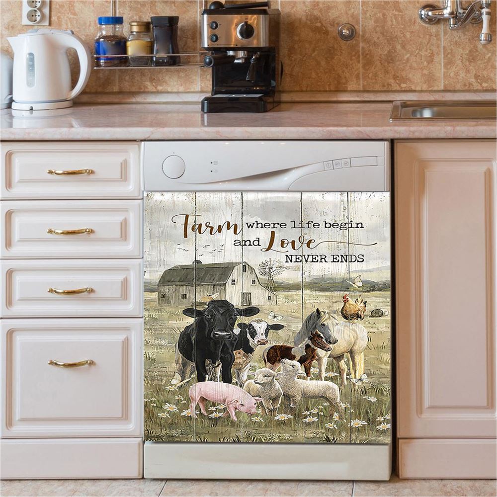 Farm Where Life Begin And Love Never Ends Cow Animal Of God Dishwasher Cover, Christian Dishwasher Magnet Cover, Religious Home Decor