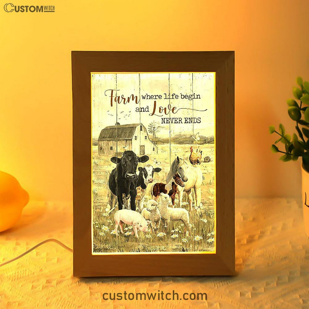 Farm Where Life Begin And Love Never Ends Cow Animal Of God Frame Lamp - Christian Art - Religious Home Decor