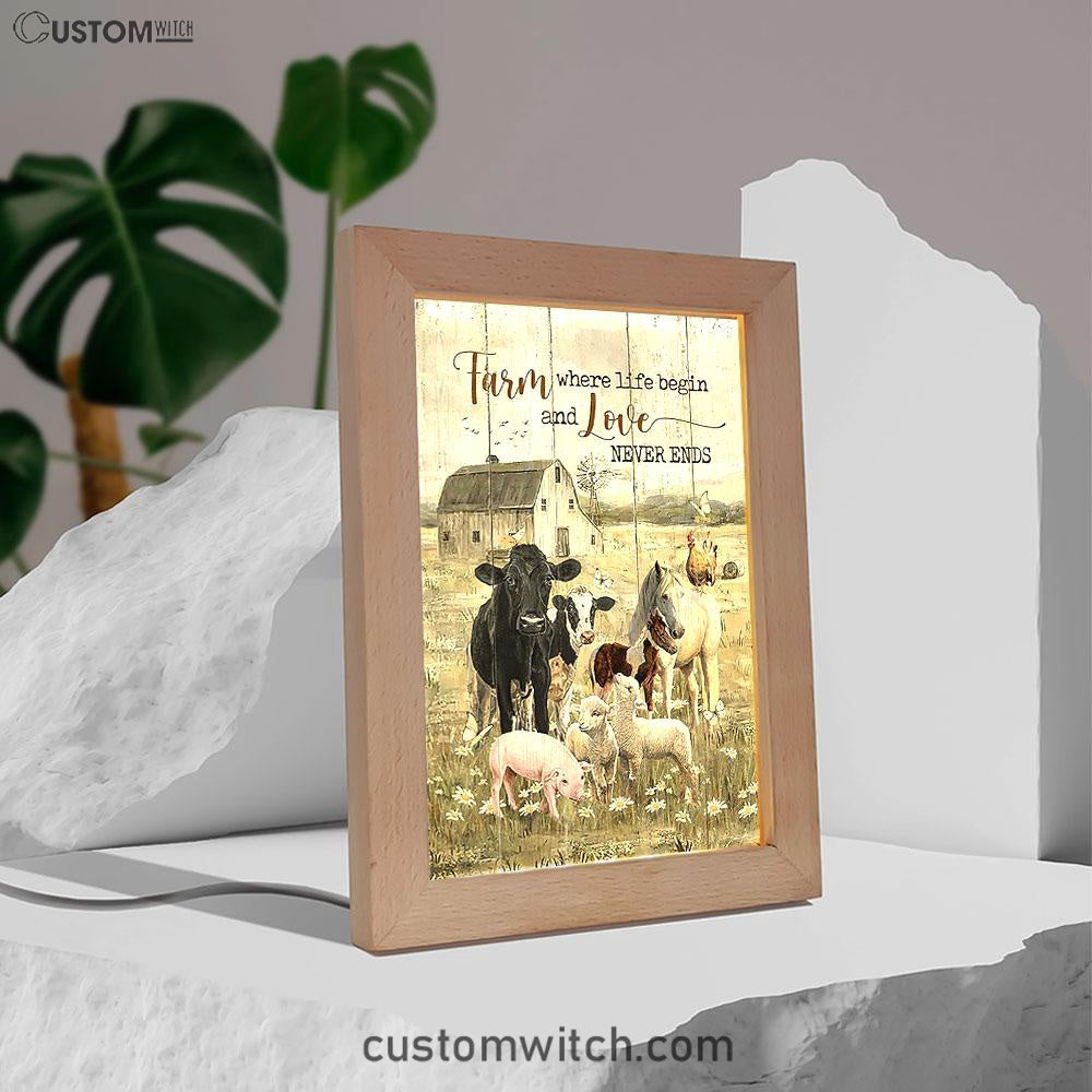 Farm Where Life Begin And Love Never Ends Cow Animal Of God Frame Lamp - Christian Art - Religious Home Decor