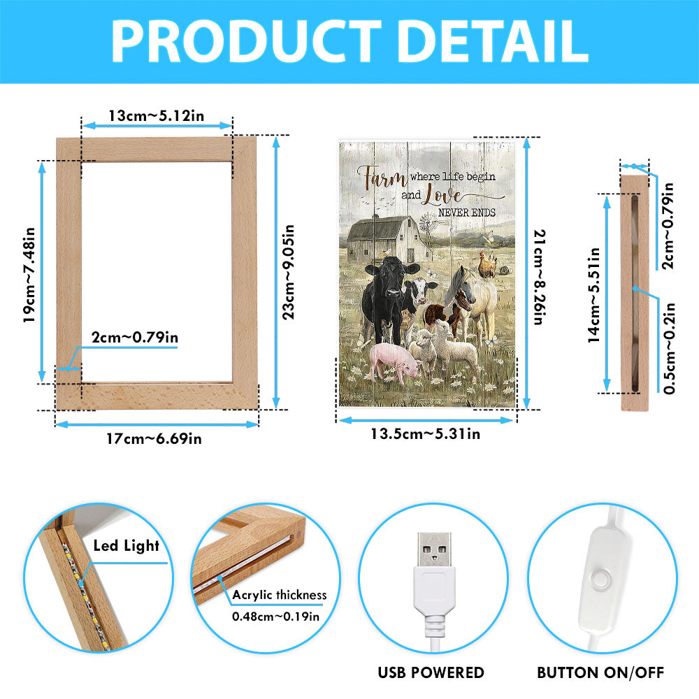 Farm Where Life Begin And Love Never Ends Cow Animal Of God Frame Lamp - Christian Art - Religious Home Decor