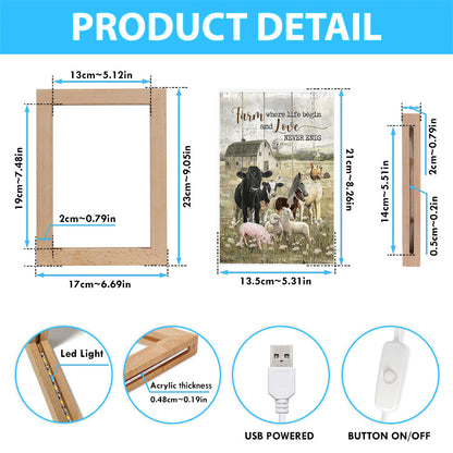 Farm Where Life Begin And Love Never Ends Cow Animal Of God Frame Lamp - Christian Art - Religious Home Decor