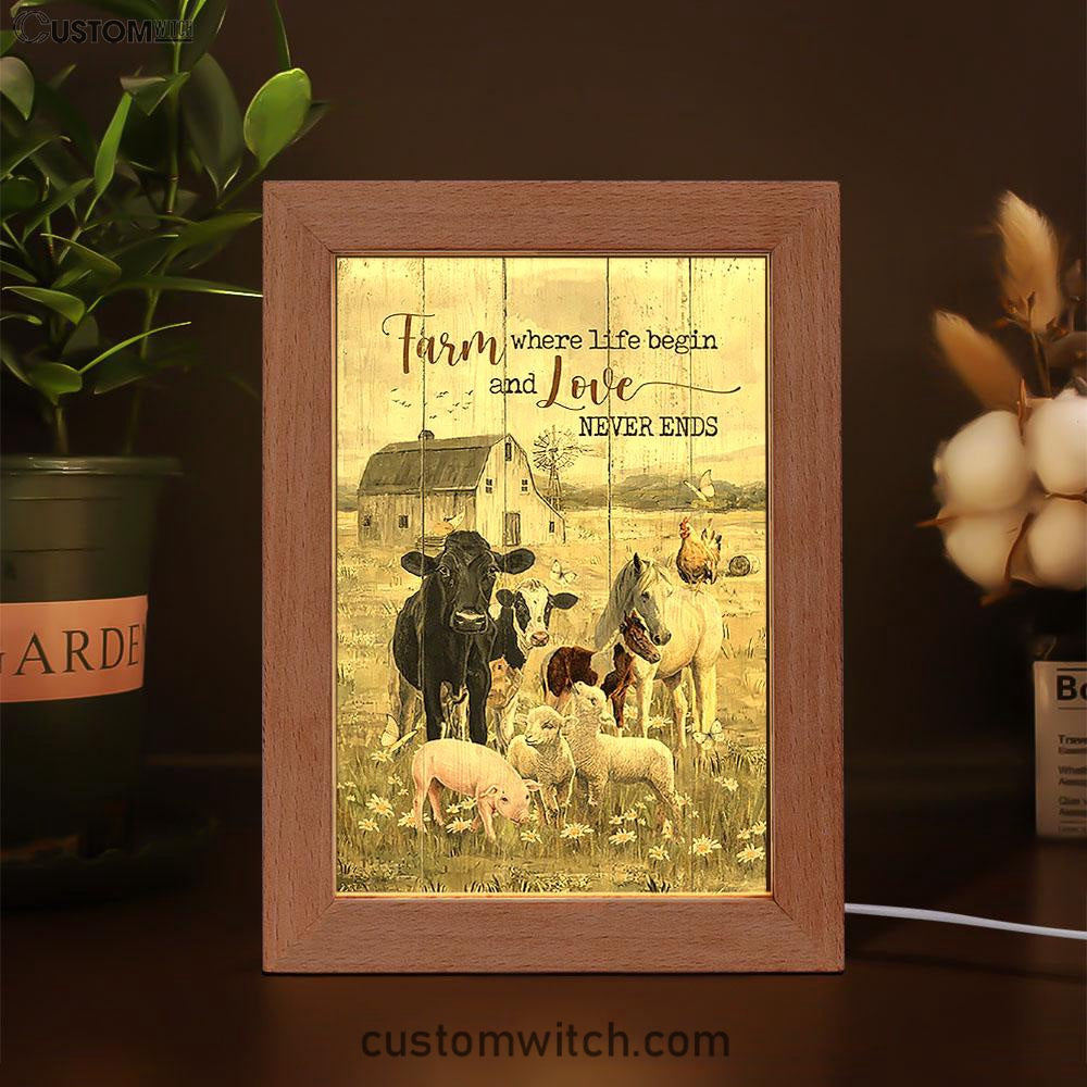 Farm Where Life Begin And Love Never Ends Cow Animal Of God Frame Lamp - Christian Art - Religious Home Decor