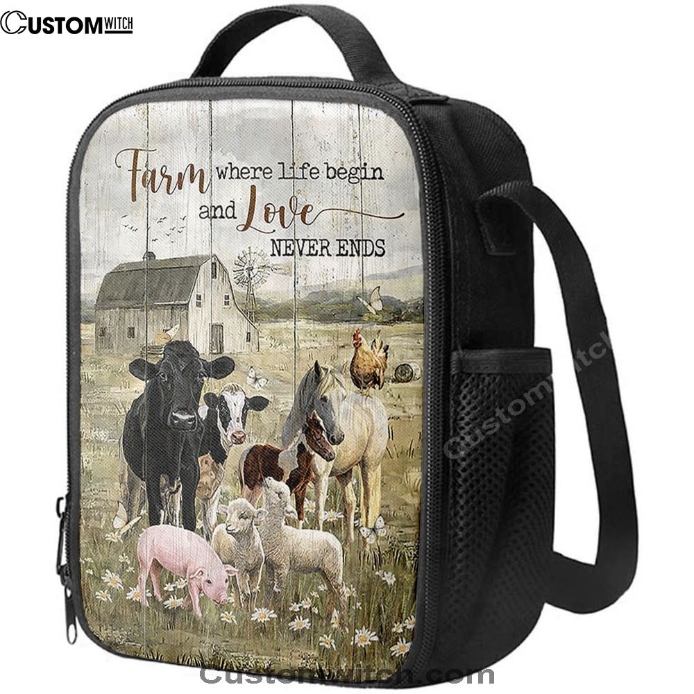 Farm Where Life Begin And Love Never Ends Cow Animal Of God Lunch Bag, Christian Lunch Bag, Religious Lunch Box For School, Picnic