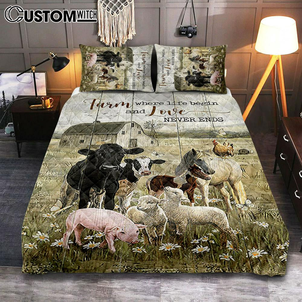 Farm Where Life Begin And Love Never Ends Cow Animal Of God Quilt Bedding Set - Christian Bedroom - Religious Home Decor