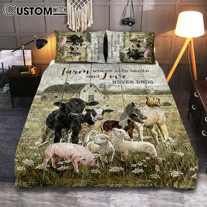 Farm Where Life Begin And Love Never Ends Cow Animal Of God Quilt Bedding Set - Christian Bedroom - Religious Home Decor