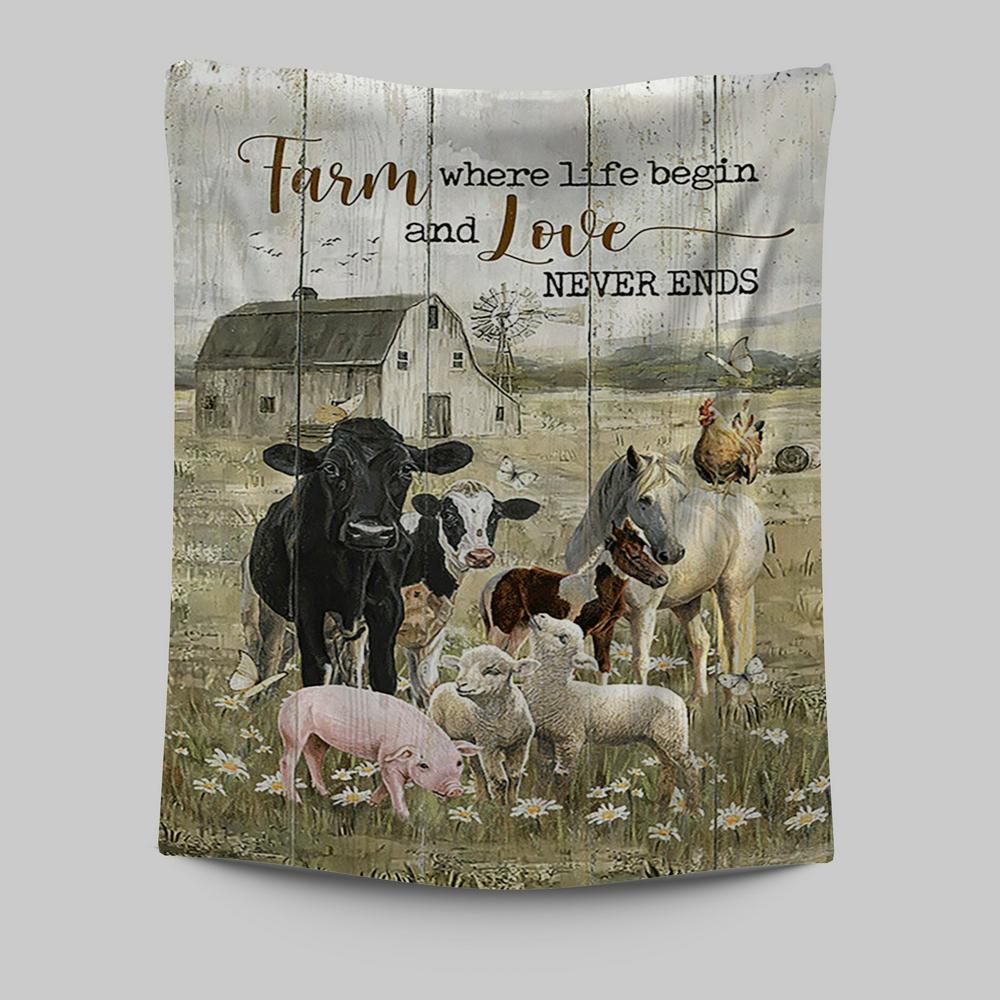 Farm Where Life Begin And Love Never Ends Cow Animal Of God Tapestry - Christian Wall Art - Religious Home Decor