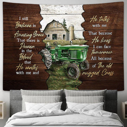 Farm tractor I still believe in grace Tapestry Wall Art - Bible Verse Tapestry - Religious Tapestry Wall Hanging