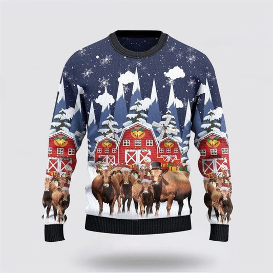 Farmers Sweater, Angus Cattle Red Barn Farm Ugly Christmas Sweater, Christmas Crewneck Sweater, Winter Farm Fashion