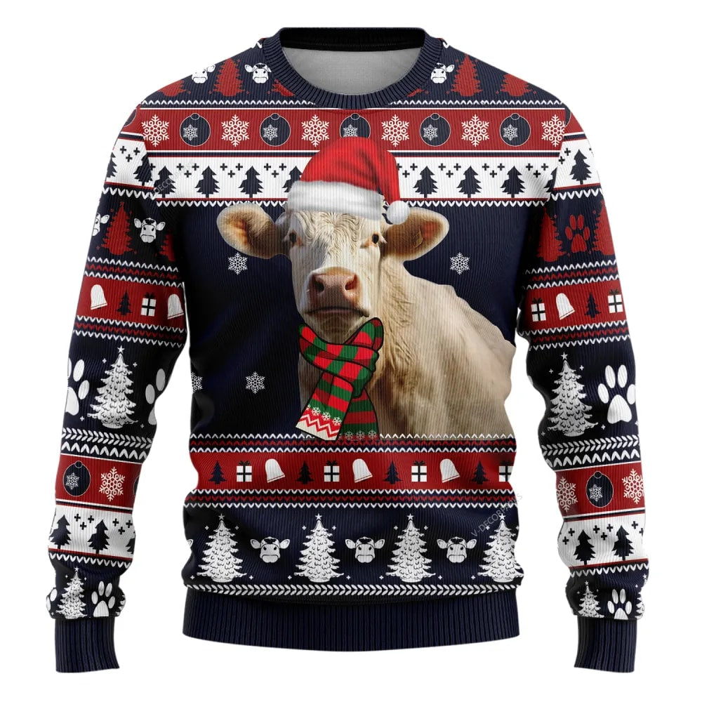 Farmers Sweater, Charolais Cow Ugly Christmas Sweater, Christmas Crewneck Sweater, Winter Farm Fashion
