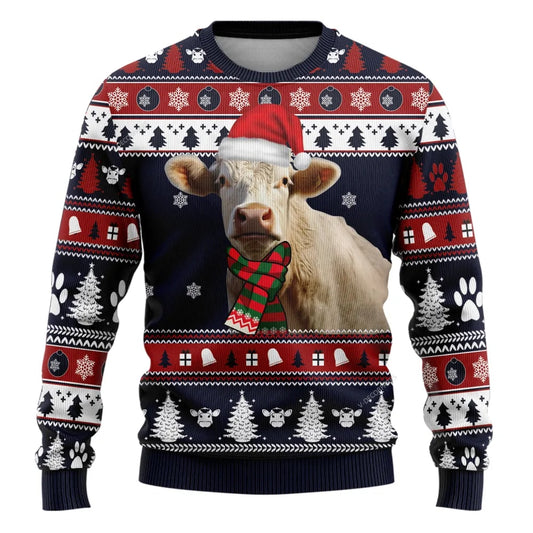 Farmers Sweater, Charolais Cow Ugly Christmas Sweater, Christmas Crewneck Sweater, Winter Farm Fashion