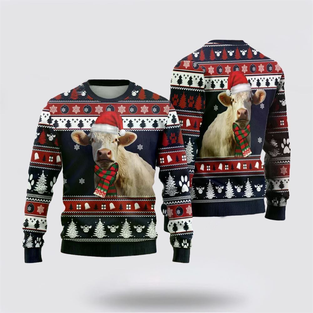 Farmers Sweater, Charolais Cow Ugly Christmas Sweater, Christmas Crewneck Sweater, Winter Farm Fashion