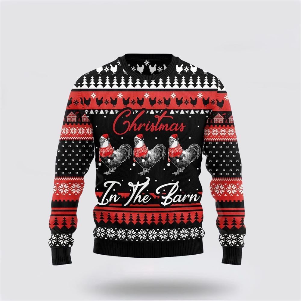 Farmers Sweater, Chicken In The Barn Ugly Christmas Sweater, Christmas Crewneck Sweater, Winter Farm Fashion