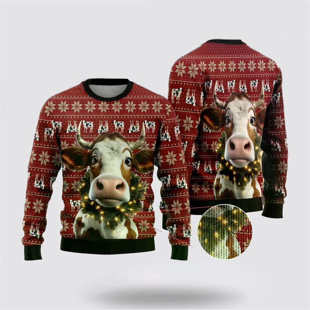 Farmers Sweater, Christmas Cow Wreaths Ugly Christmas Sweater, Christmas Crewneck Sweater, Winter Farm Fashion
