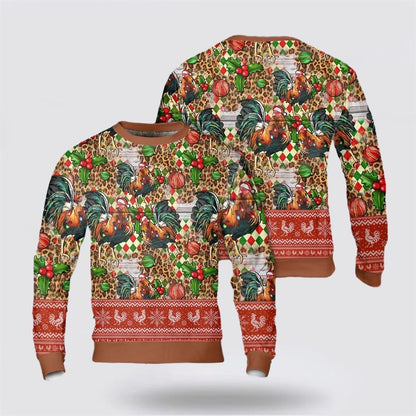 Farmers Sweater, Christmas Leopard Chicken Seamless Pattern Ugly Christmas Sweater, Christmas Crewneck Sweater, Winter Farm Fashion