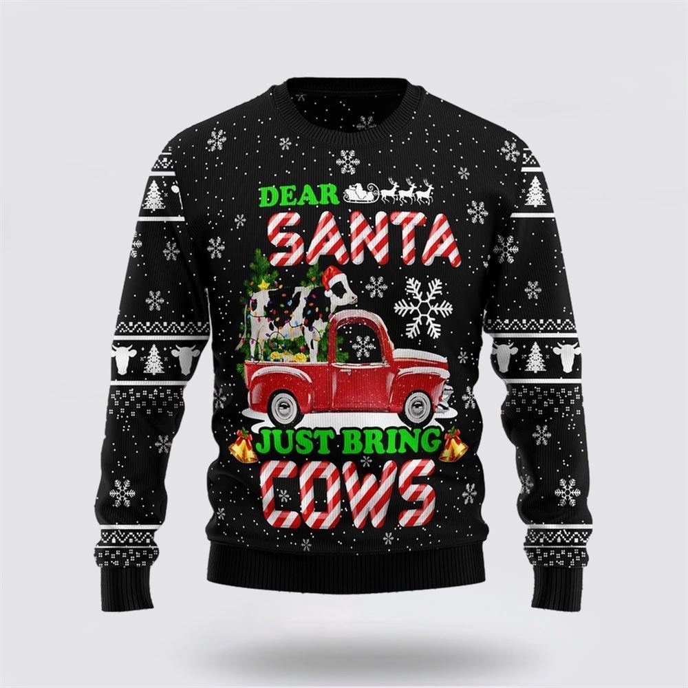 Farmers Sweater, Cow & Red Truck Christmas Dear Santa Just bring Cows Ugly Christmas Sweater, Christmas Crewneck Sweater, Winter Farm Fashion