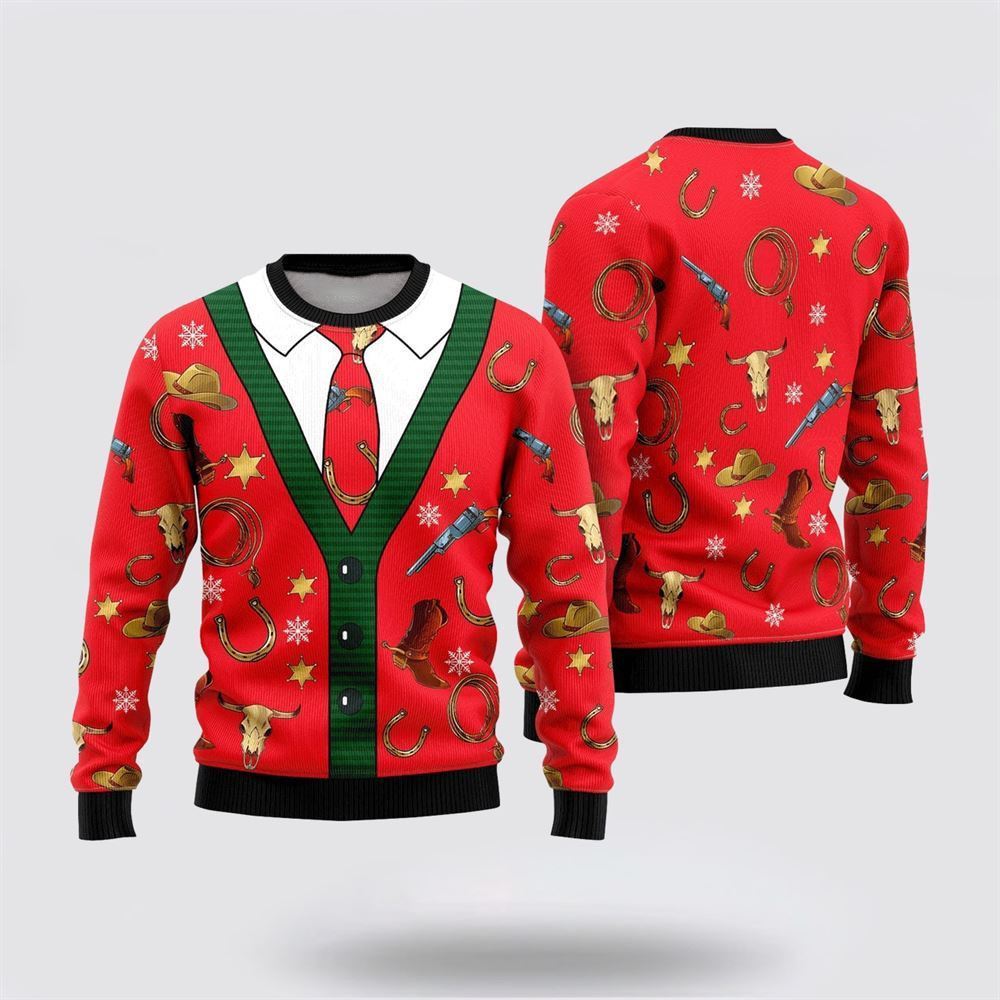 Farmers Sweater, Cowboy Pattern Christmas Red Ugly Christmas Sweater, Christmas Crewneck Sweater, Winter Farm Fashion