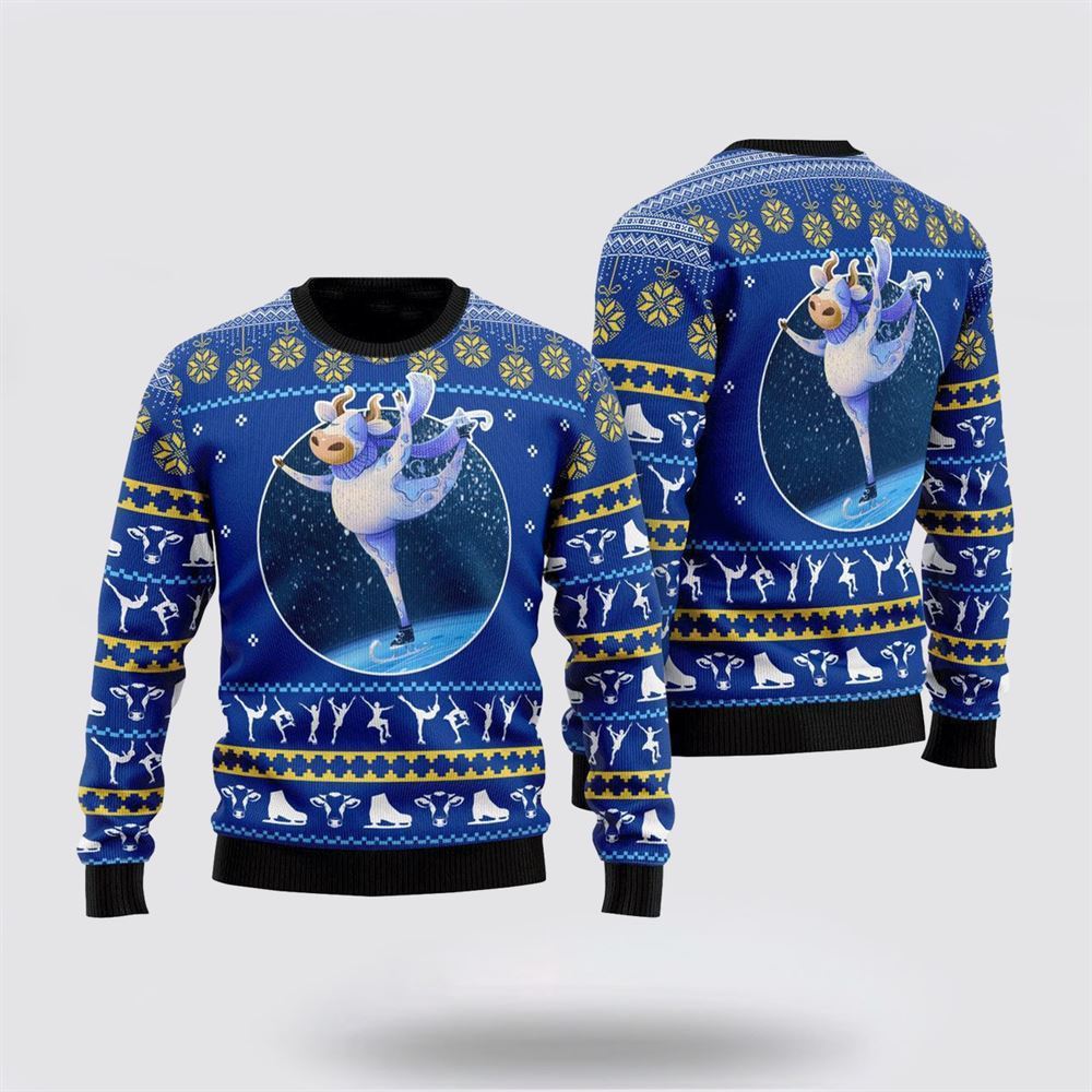 Farmers Sweater, Cows Ice Skating Ugly Christmas Sweater, Christmas Crewneck Sweater, Winter Farm Fashion