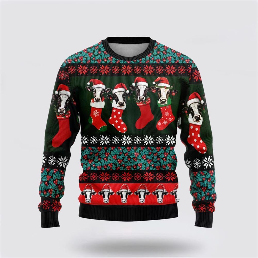 Farmers Sweater, Dairy Cow Stocking Ugly Christmas Sweater, Christmas Crewneck Sweater, Winter Farm Fashion