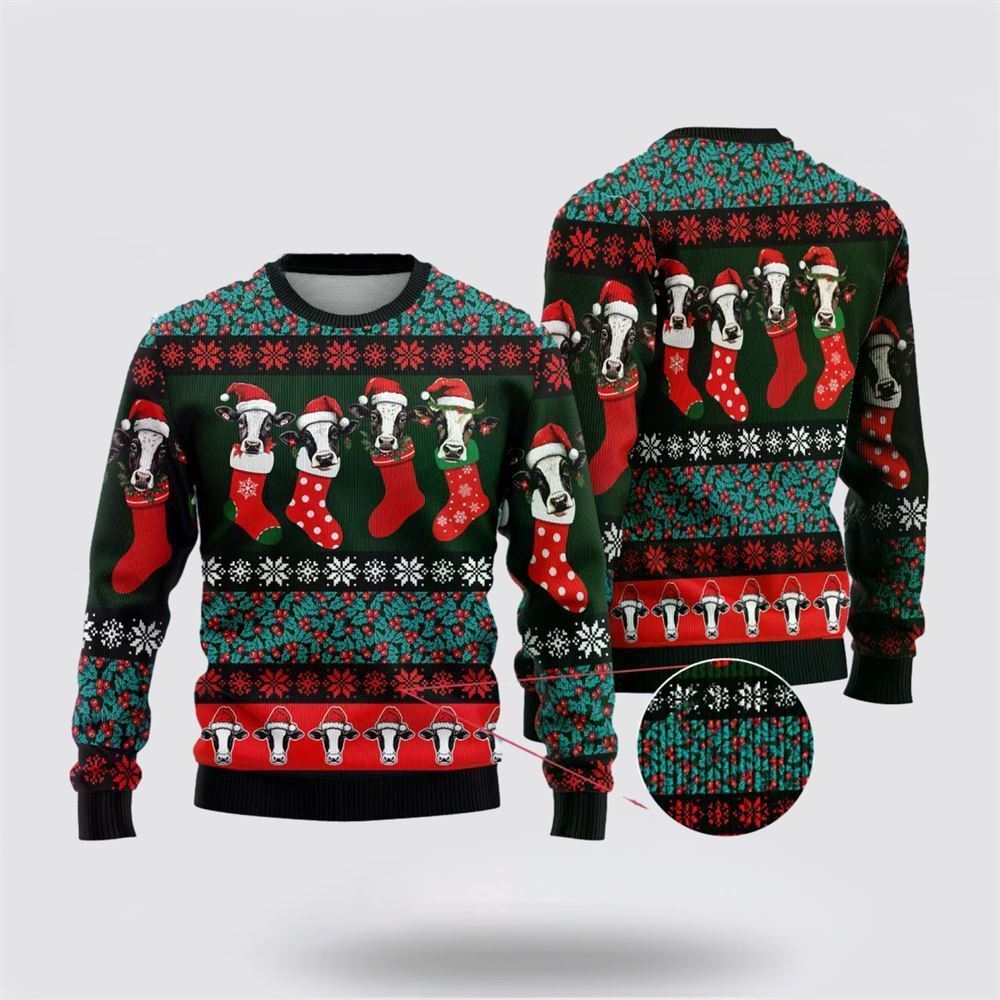 Farmers Sweater, Dairy Cow Stocking Ugly Christmas Sweater, Christmas Crewneck Sweater, Winter Farm Fashion