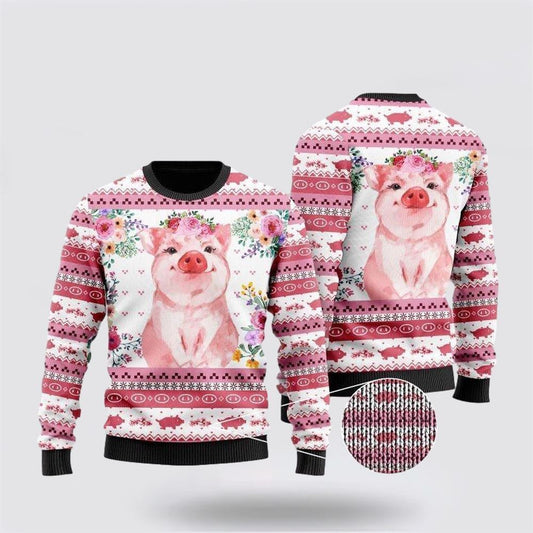 Farmers Sweater, Floral Pink Piggy Ugly Christmas Sweater, Christmas Crewneck Sweater, Winter Farm Fashion