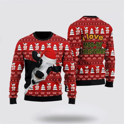 Farmers Sweater, Funny Cow I Love Moo-ry Christmas Ugly Christmas Sweater, Christmas Crewneck Sweater, Winter Farm Fashion
