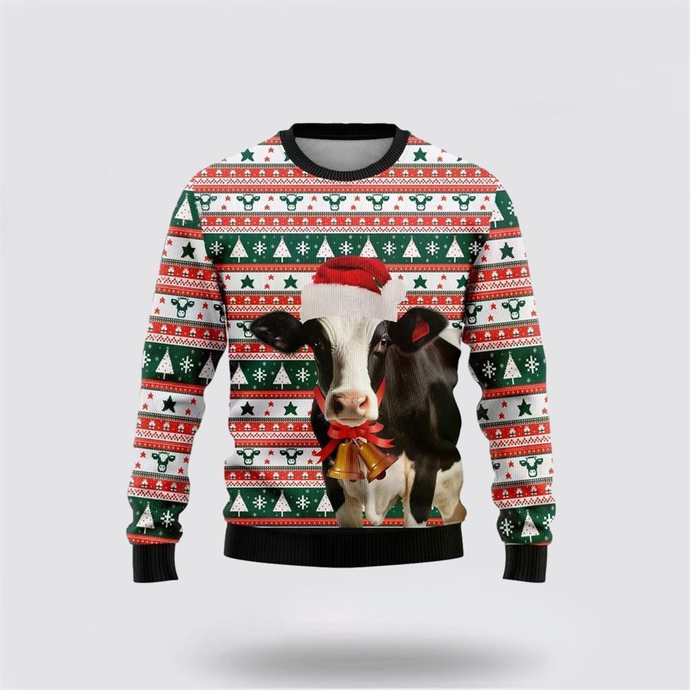 Farmers Sweater, Happy Dairy Cow Ugly Christmas Sweater, Christmas Crewneck Sweater, Winter Farm Fashion