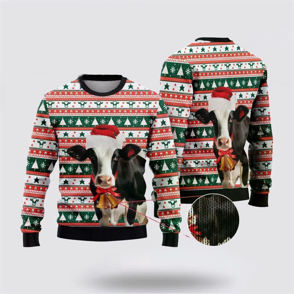 Farmers Sweater, Happy Dairy Cow Ugly Christmas Sweater, Christmas Crewneck Sweater, Winter Farm Fashion