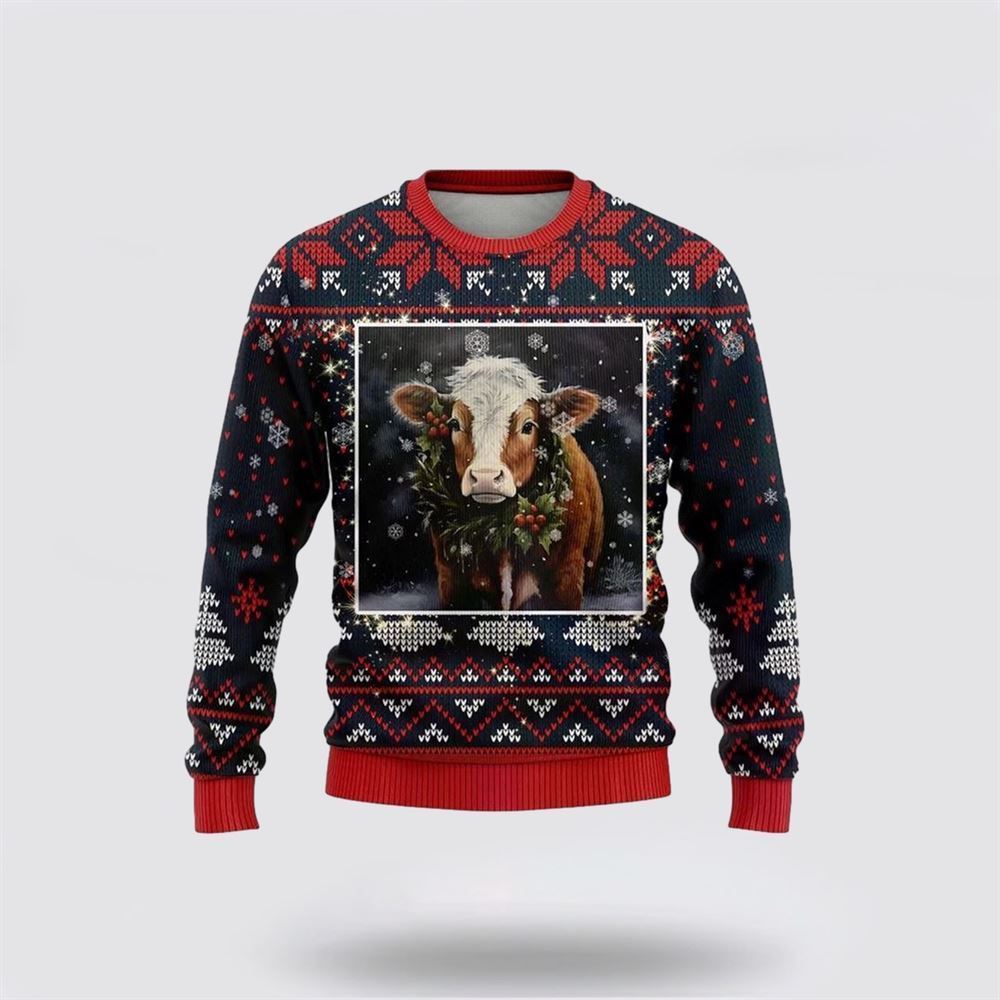 Farmers Sweater, Hereford Cow Ugly Christmas Sweater, Christmas Crewneck Sweater, Winter Farm Fashion