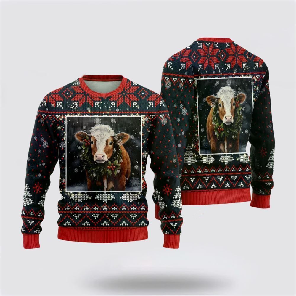 Farmers Sweater, Hereford Cow Ugly Christmas Sweater, Christmas Crewneck Sweater, Winter Farm Fashion