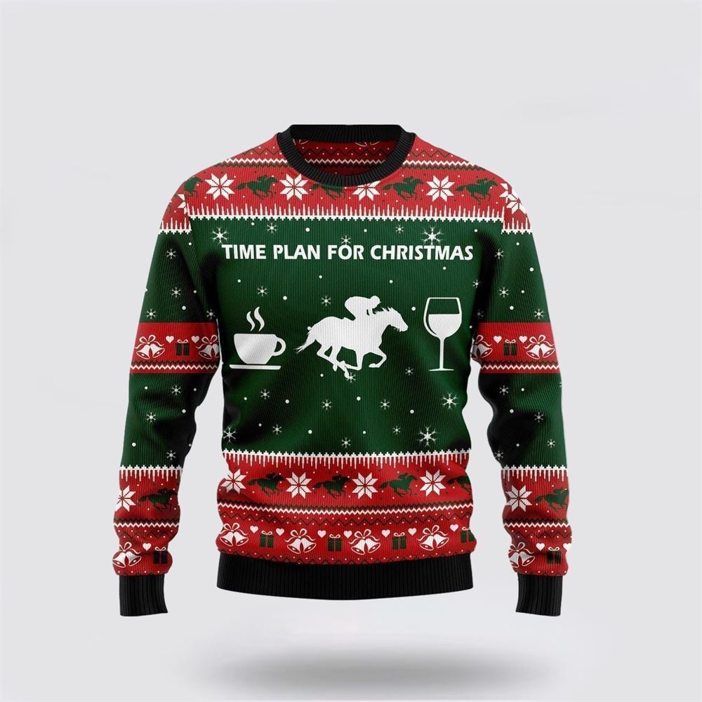 Farmers Sweater, Horse Racing Wine Coffee Time Plan For Ugly Christmas Sweater, Christmas Crewneck Sweater, Winter Farm Fashion
