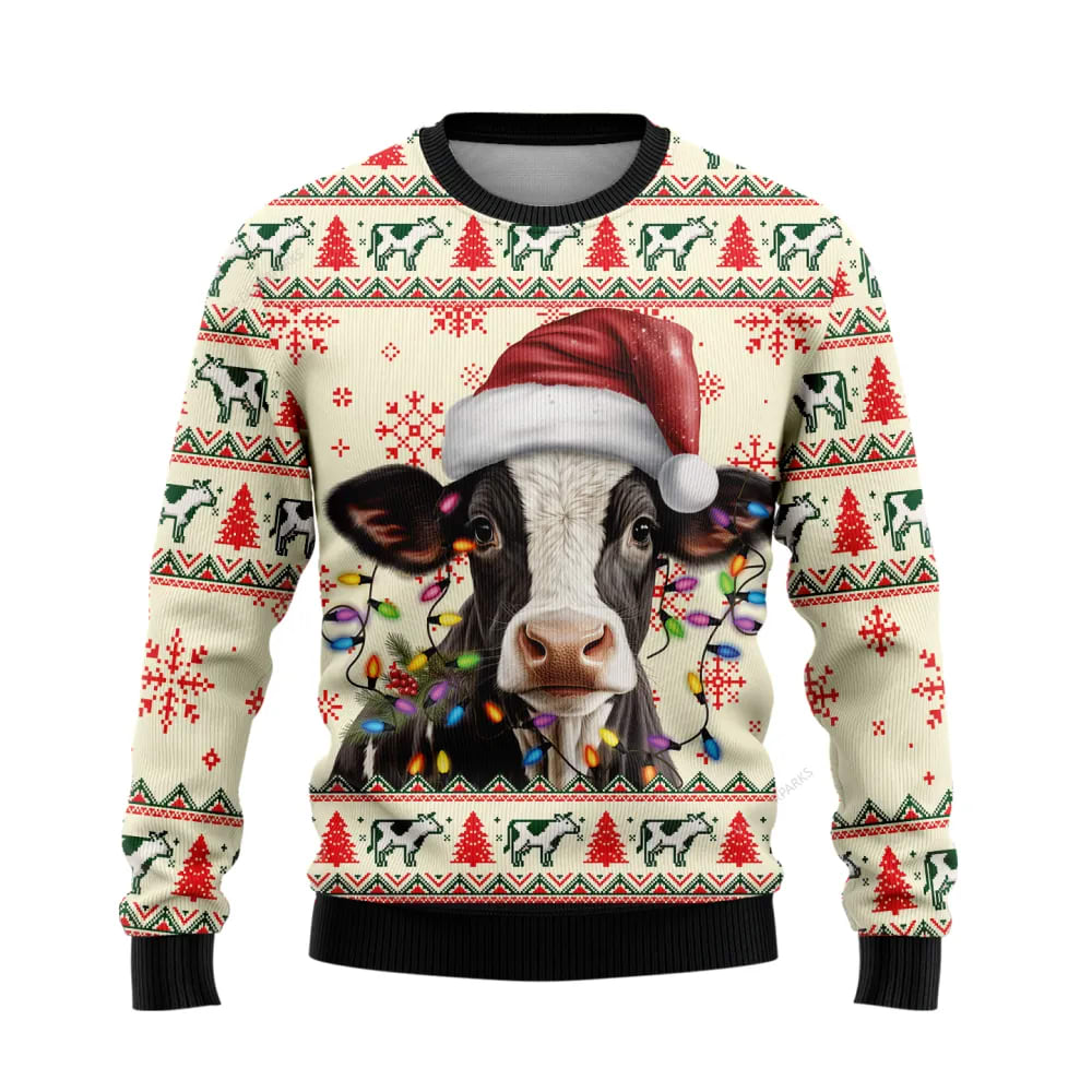 Farmers Sweater, Light Santa Cattle Ugly Christmas Sweater, Christmas Crewneck Sweater, Winter Farm Fashion