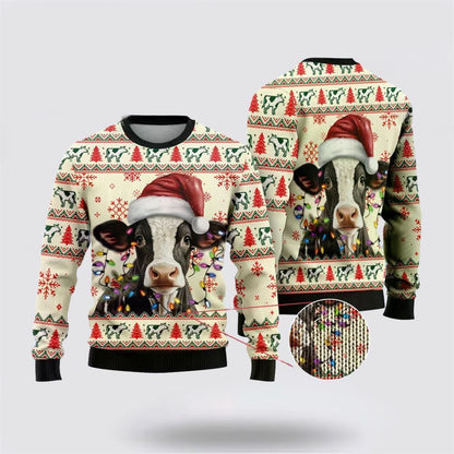 Farmers Sweater, Light Santa Cattle Ugly Christmas Sweater, Christmas Crewneck Sweater, Winter Farm Fashion