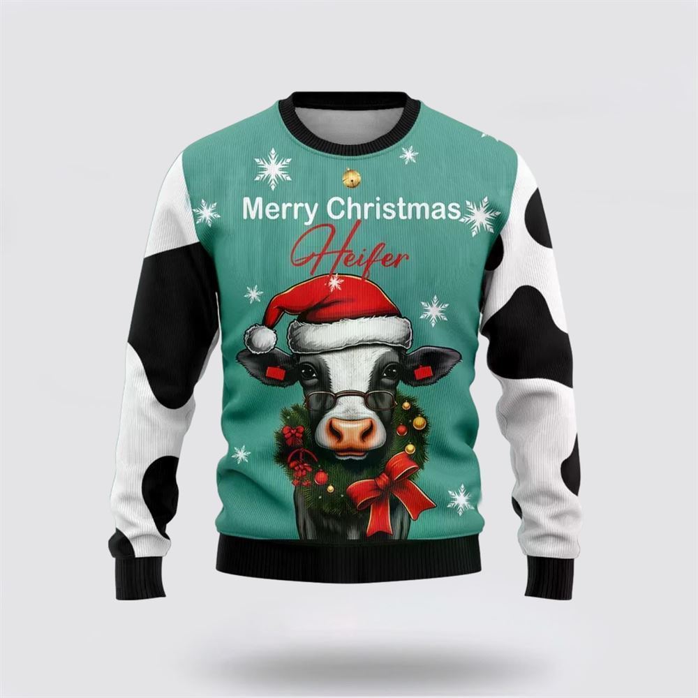 Farmers Sweater, Merry Christmas Heifers Ugly Christmas Sweater, Christmas Crewneck Sweater, Winter Farm Fashion