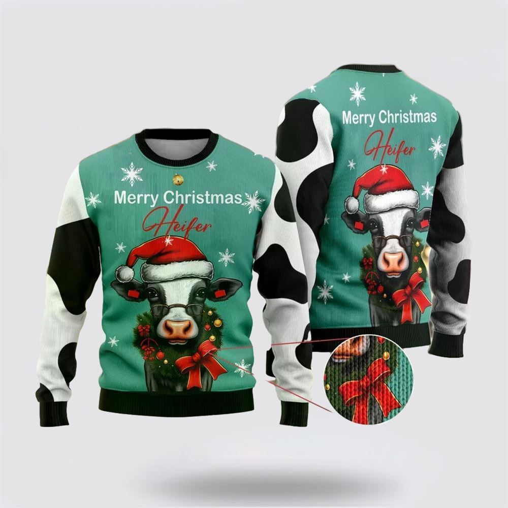 Farmers Sweater, Merry Christmas Heifers Ugly Christmas Sweater, Christmas Crewneck Sweater, Winter Farm Fashion
