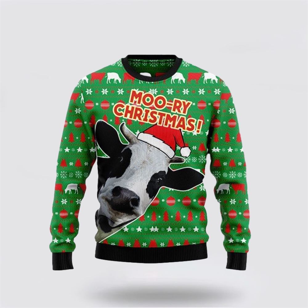 Farmers Sweater, Moo-ry Dairy Cow Ugly Christmas Sweater, Christmas Crewneck Sweater, Winter Farm Fashion