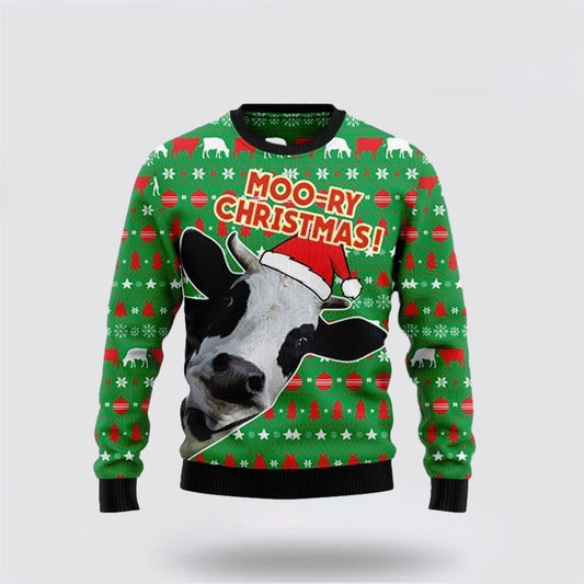 Farmers Sweater, Moo-ry Dairy Cow Ugly Christmas Sweater, Christmas Crewneck Sweater, Winter Farm Fashion